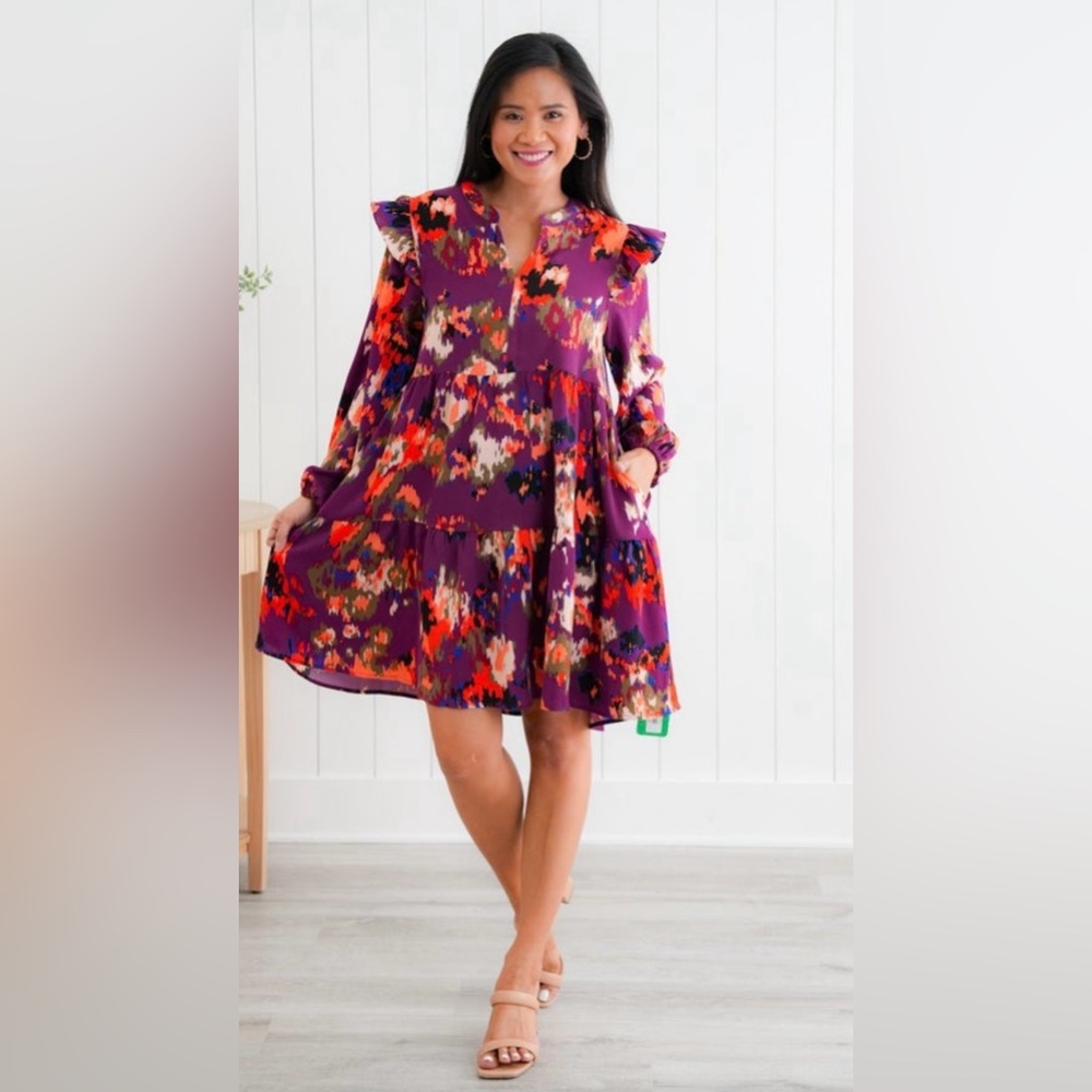 💁‍♀️Vibrant Multicolor Abstract Tiered V Neck Balloon Sleeve Dress